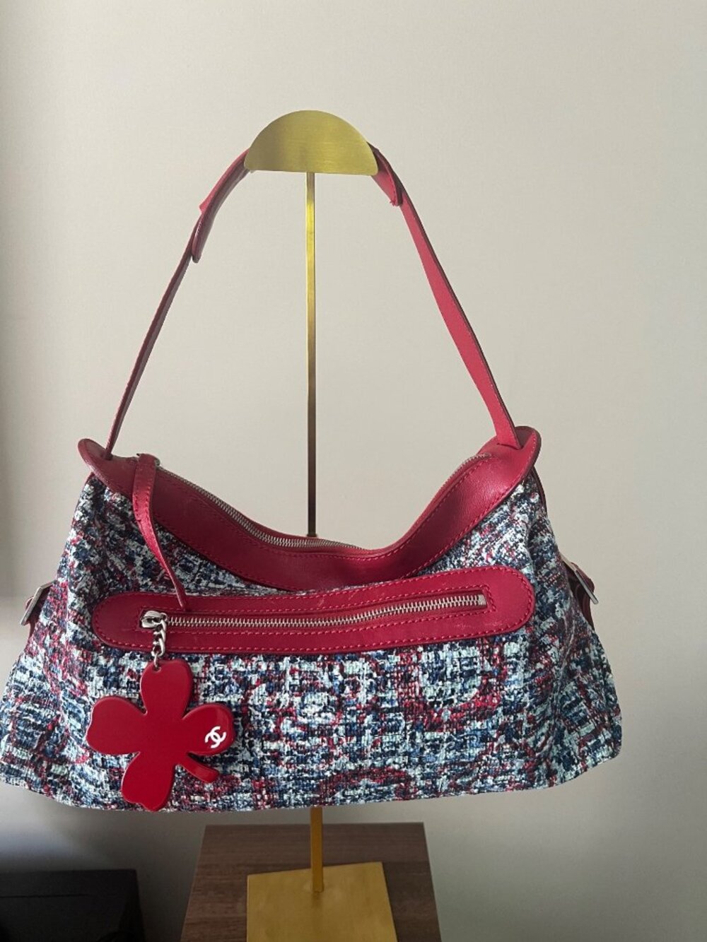 Chanel Red Clover Leather & Multicolor Tweed Hobo Bag
